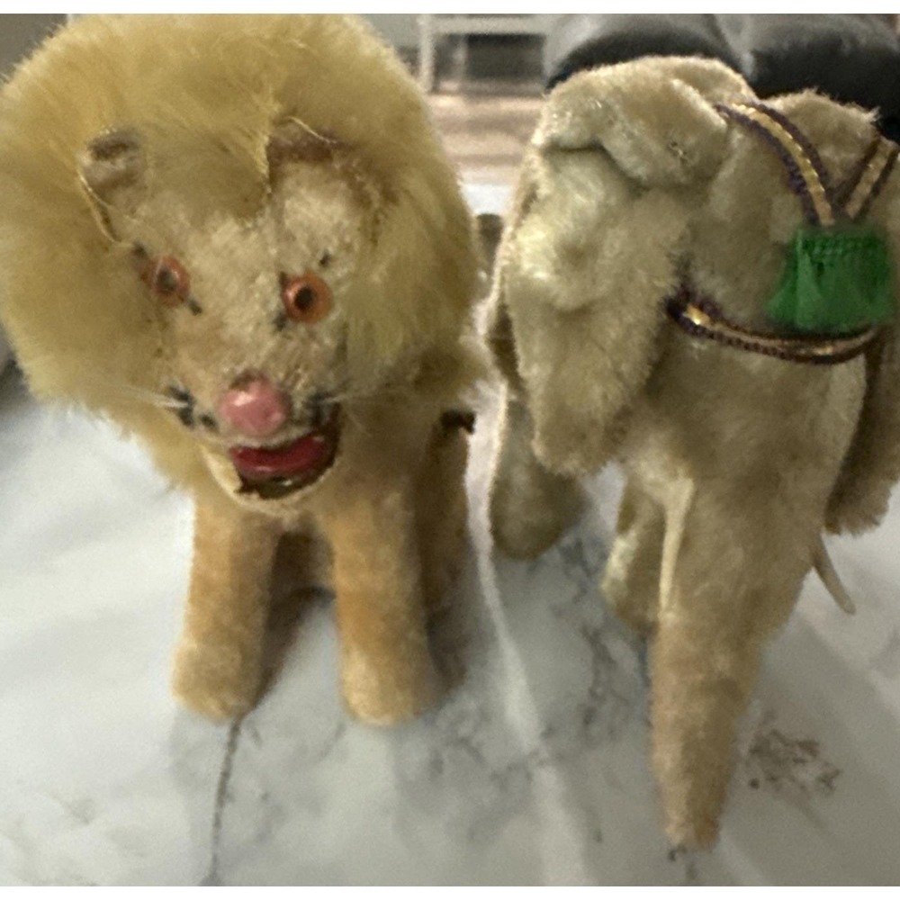 Vintage Wind Up Mechanical Toys Lion and Elephant Mohair Plush Metal Set 1950s